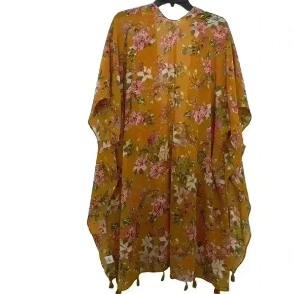 Ultra Pink 1X Floral Kimono Cover-Up with Tassel Detail - Mustard Yellow - Picture 3 of 3